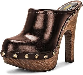 Women Closed Round Toe Mules Wooden Block High Heel Clogs Slip On Studded Platform Sandals Vintage Casual Dress Slide Shoes Size 4-16 US