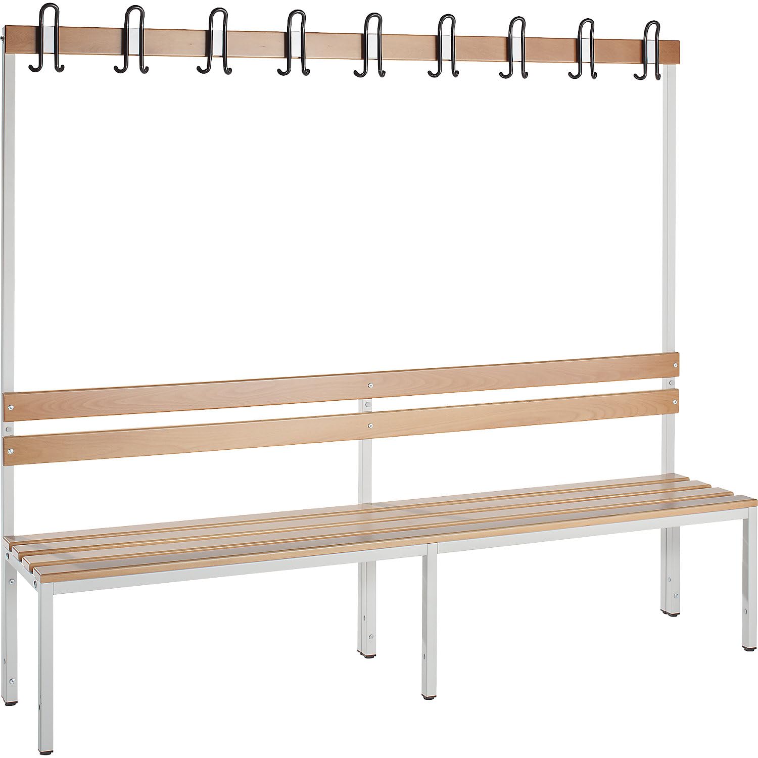 EUROKRAFT Basic | Banc de vestiaire avec Dossier | Unilatéral, lattes en bois de hêtre, longueur 2000 mm