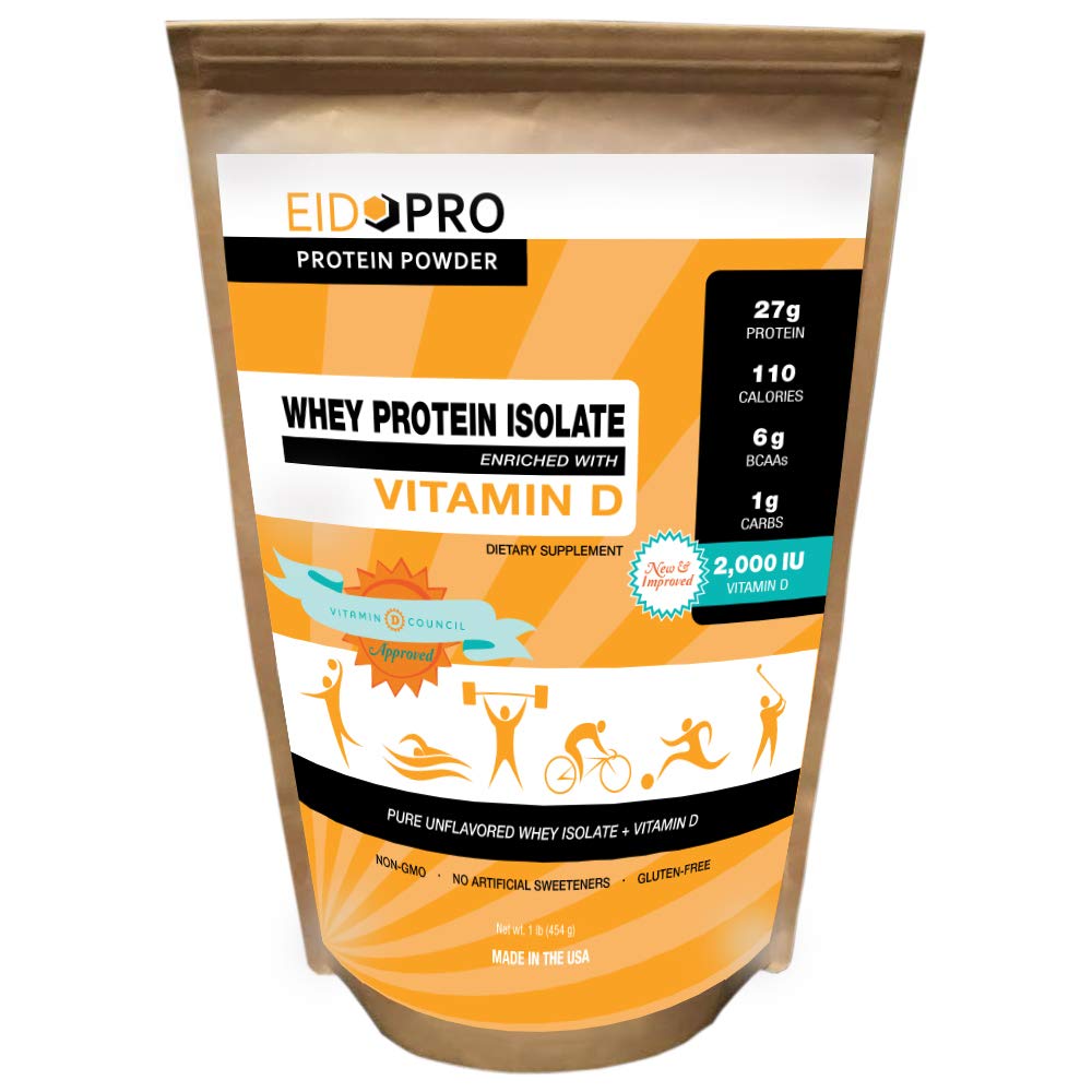 EIDOPRO Unflavored Protein Powder Plus 2000 IUs Vitamin D - Endorsed by the Vitamin D Council (Pure Whey Protein ISOLATE + 2000 IUs Vitamin D, 27g Protein, Unsweetened, Unflavored, 1 Pound Bag)