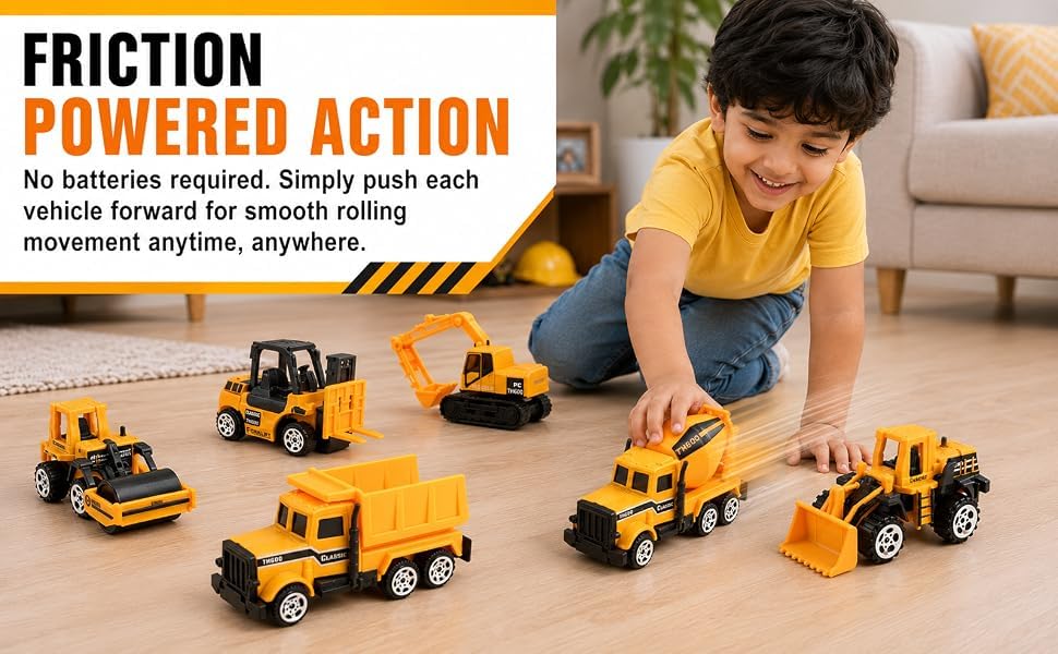 Image of Mini Construction Vehicle Toy Set for Kids - 6 PCS Free Wheel Engineering Trucks with Excavator, Bulldozer, Forklift, Dumper, Road Roller & Cement Mixer, Educational Toys
