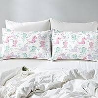 Vista 7 de Juego de ropa de cama con dinosaurios para niñas tamaño individual, lindo juego de funda de edredón rosa y morado con dinosaurios de dibujos