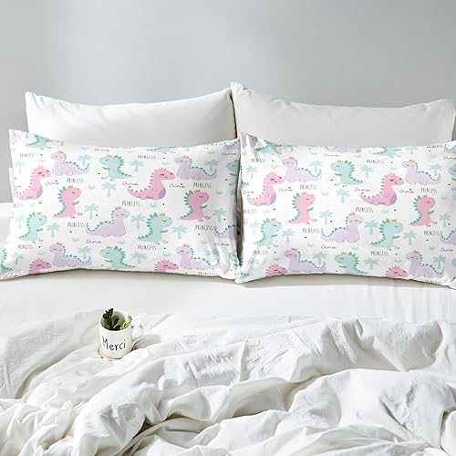 Miniatura 7 de Juego de ropa de cama con dinosaurios para niñas tamaño individual, lindo juego de funda de edredón rosa y morado con dinosaurios de dibujos