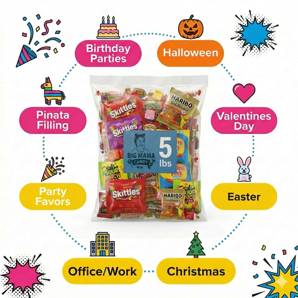 Big Mama Candy Assorted Candy Variety Pack 5 lb Bulk - Individually Wrapped Candy Party Favors, Pinata & Goodie Bags, Mother's Day