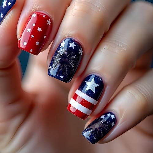 24pcs Independence Day Fireworks Press On Nails Short Square Stripes