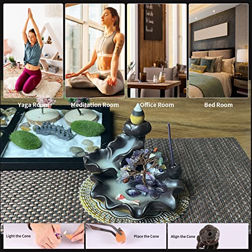 Zvaiuk Ceramic Waterfall Incense Burner, Crystal Backflow Incense Holder With Update 30 Backflow Incense Cones + 50 Incense Stick ，Mat，Tweezers, Aromatherapy Yoga Decor… (Black) #TOP3