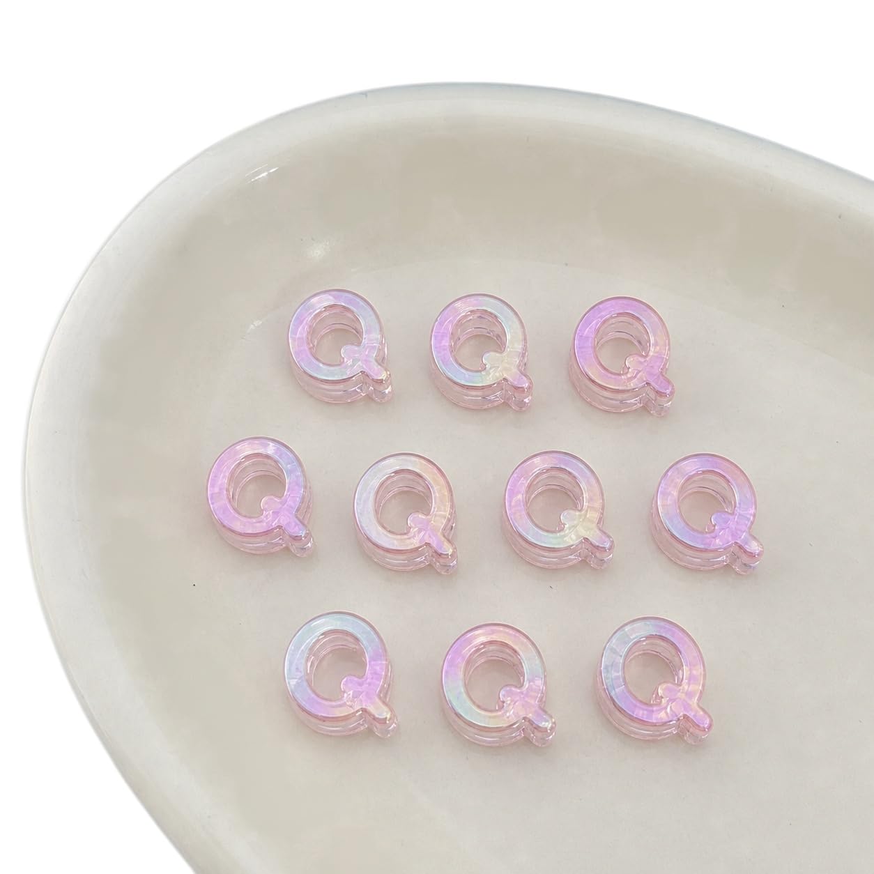 Letter Beads 10pcs, Large Acrylic Alphabet Beads with 6mm Hole, Iridescent Holographic UV Plated for Bracelet Making, Jewellery, Keyrings & Craft (Iridescent Light Pink, Letter Q)