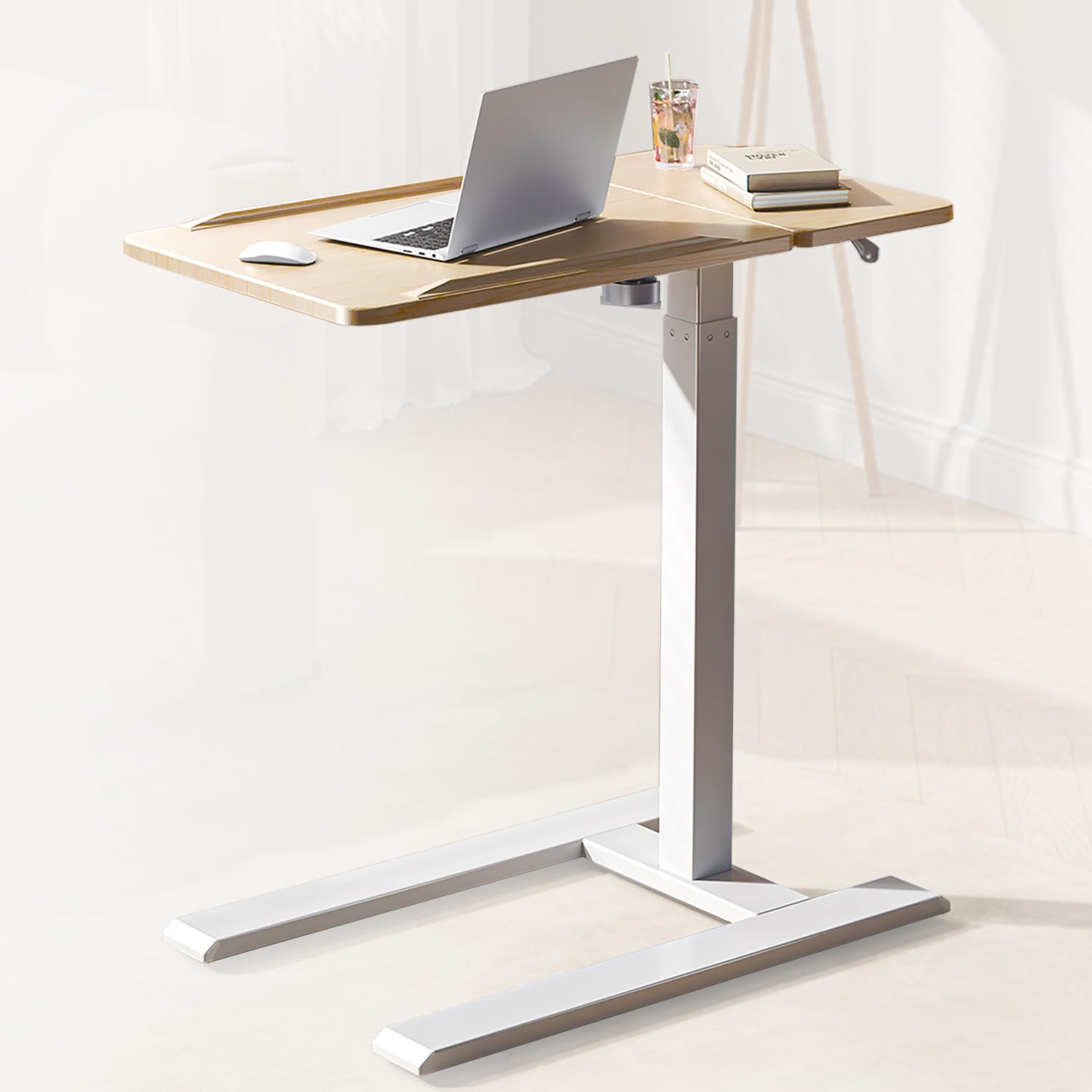 SIHOO D01 Escritorio Elevable Mesa Escritorio con Ruedas - Montaje Sencillo, Ajustable en Altura Neumático para Portátil/Cama/Uso Médico Hospital (Madera de Arce en Acabado Blanco)