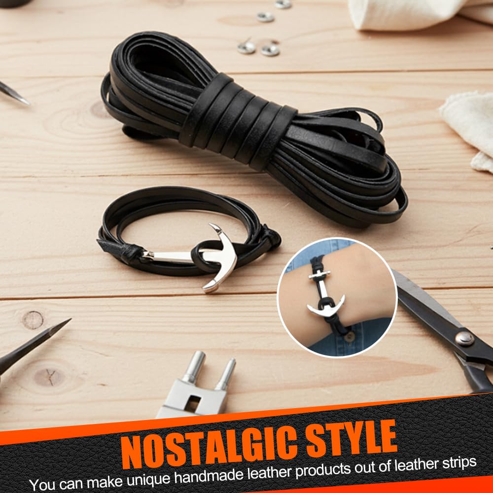 Cordino Cuoio Piatto 5 MM X 5 M,Fettuccia Cuoio Piatta,Striscia di Cuoio per Cinture,Lacci in Pelle per Borse,Cordoncino per Collane Fai Da Te per Correa, Artigianato, Braccialetti - Negro