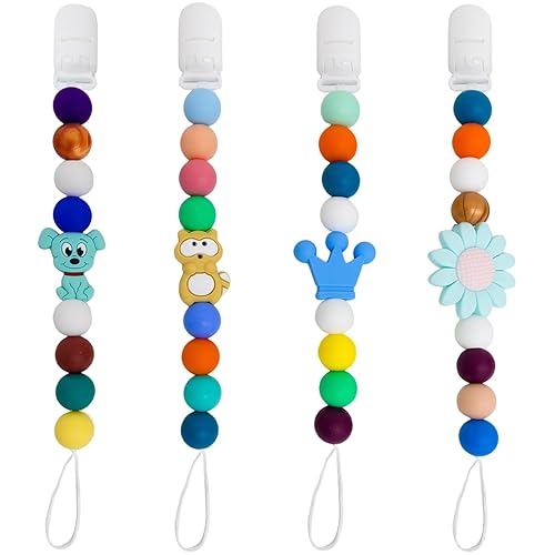 Paquete de 4 clips para chupete de bebé, clip de silicona para chupete para bebés niñas y niños, lindo clip de chupete de dibujos animados colorido