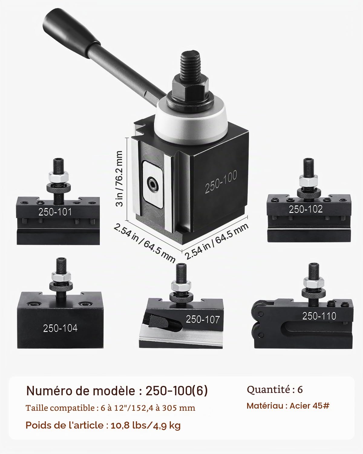 VEVOR Ensemble de porte-outil de tour à changement rapide 6 pièces pour mini-tour 152,4-305 mm acier