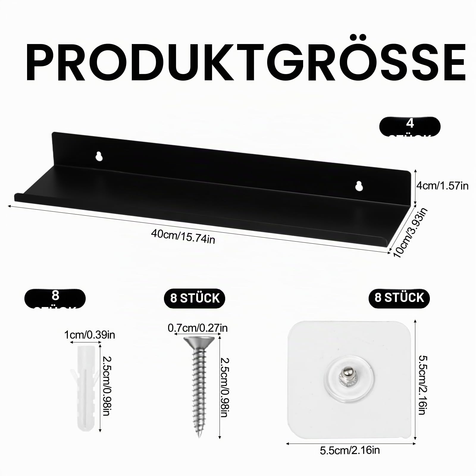 4 Stück Wandregal Schwarz Metall, Schweberegal, 40 x 10 x 4 cm | mit Schrauben und Haken, Küchenregal Wand Schwarz, Metallregal Schwebende, für Wohnzimmer, Küche, Bad, Schlafzimmer, Büro