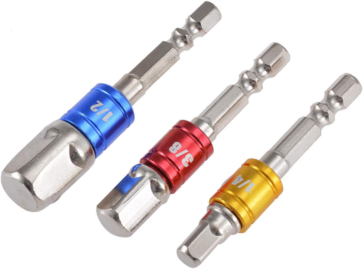 KATUR Power Hand Tools Socket Adapter Set, 3Pcs Nut Driver Power Drills Impact Socket Bit Adapter Extension Set, 1/4 inch Hex Shank, 1/4 Inch 3/8 Inch 1/2 Inch Drive Socket Wrench Adapter Set