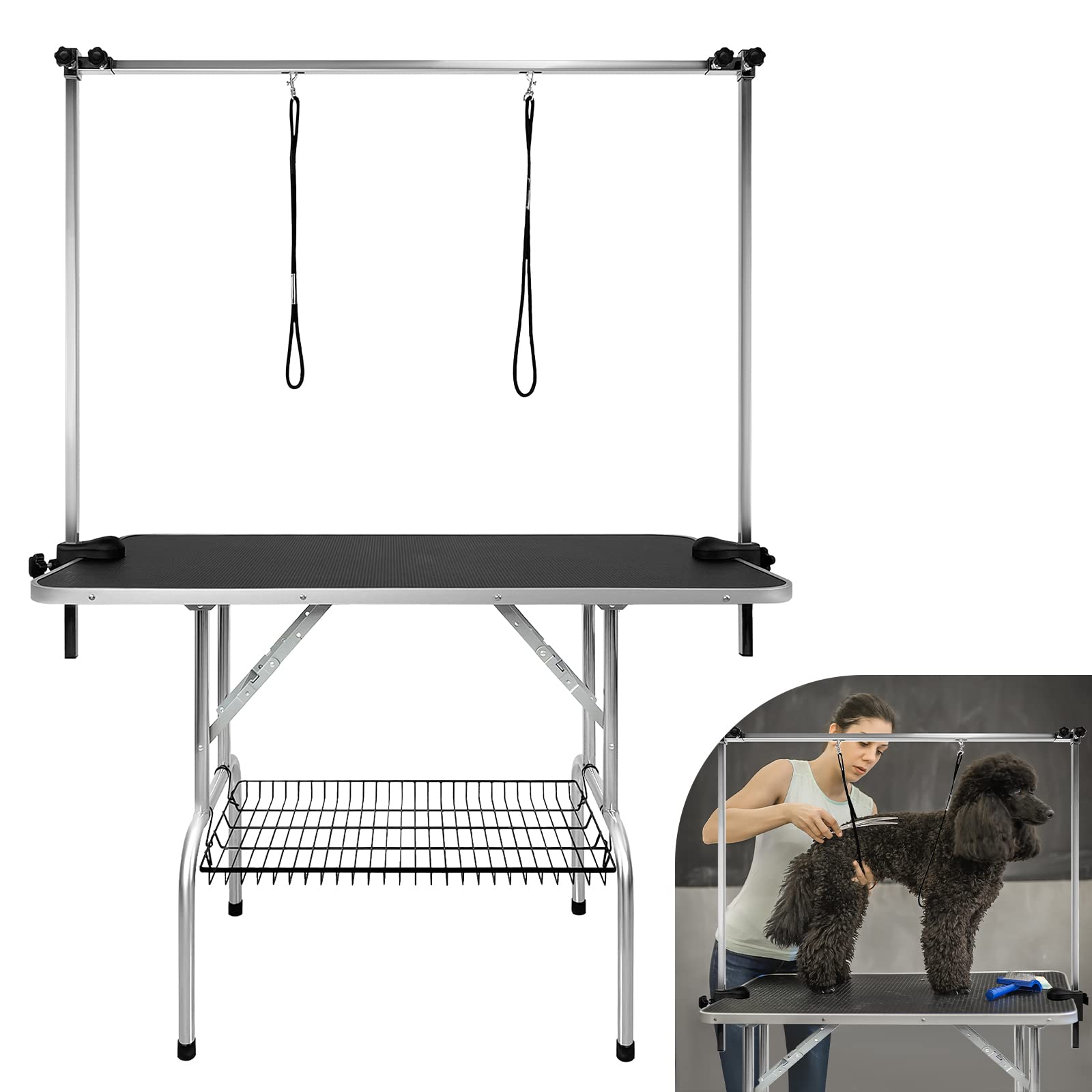 Aufun Trimmtisch für Hunde Schertisch, 113x60x76 cm Stabil Hundepflegetisch mit höhenverstellbarem Galgen und 2 Schlingen, Klappbar, Hunde Badetisch, Pudel Fellpflege, bis 100 KG