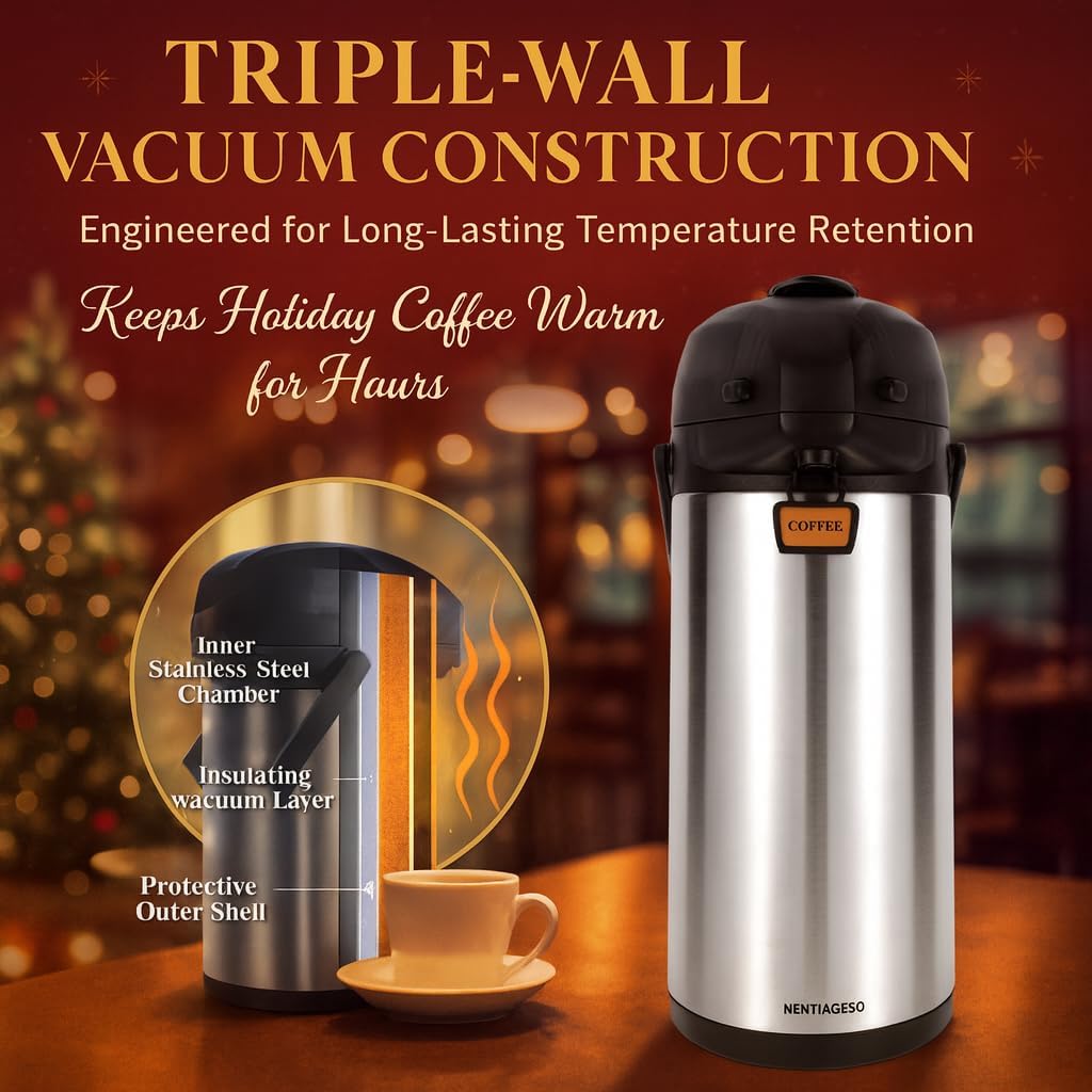 Heritage66 3L Airpot Thermal Coffee Carafe with Cleaning Brush, Triple Wall Vacuum Insulated Stainless Steel Coffee Dispenser, 101oz Pump Pot for Hot & Cold Drinks - Image 2