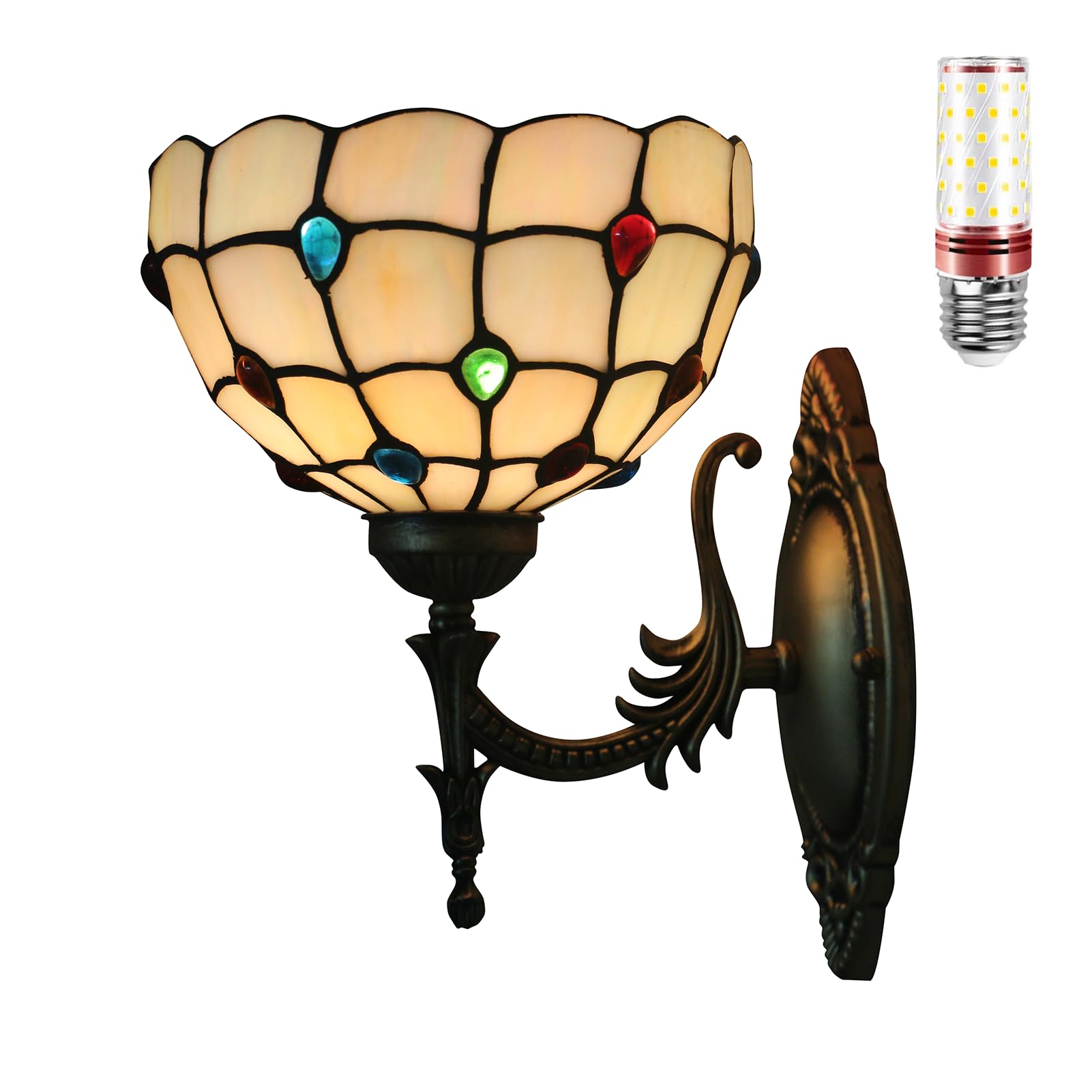 Aioneer Tiffany Stained Glass Wall Lamp With Light Bulb For Bedroom And Living Room-O