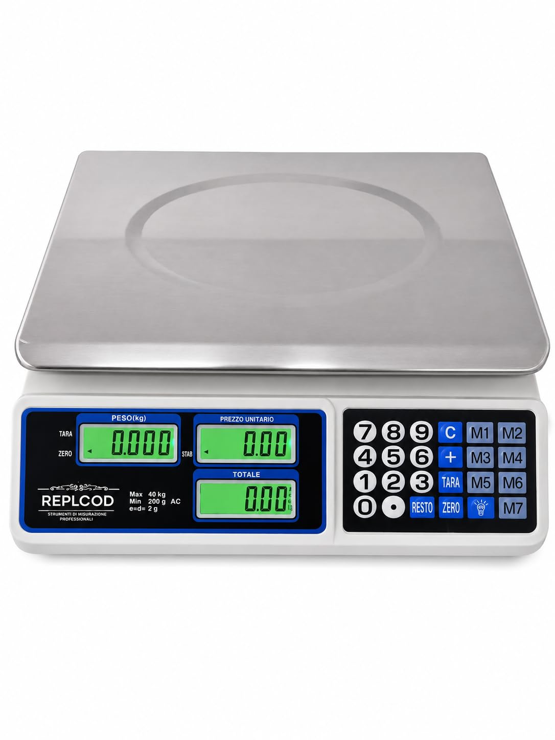 Bilancia Da Banco Professionale 40Kg Divisione 2g 6 Display LCD Acciaio Inox Batteria Ricaricabile ACS-809T Bilancia Digitale Elettronica Per Negozi Mercati Alimentari