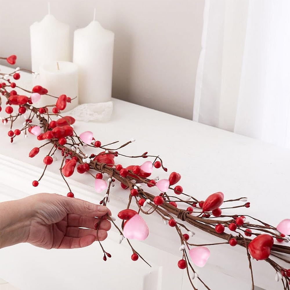 Künstliche Girlande, 1,5 m, rot-rosa-weißes Herz und Beeren, künstliche Girlande, Dekorationen für Valentinstag, Frühling, Hochzeit, Party, Heimdekoration