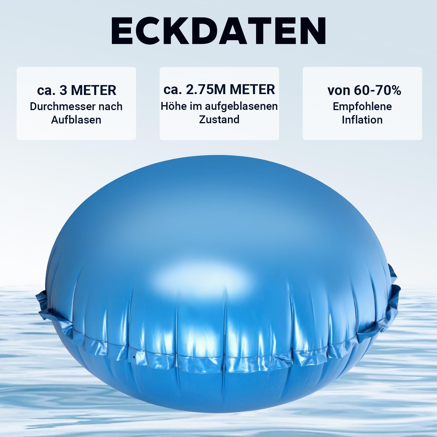 Poduszka basenowa zimowa, Ø 3 m, okrągła, z liną 2 x 4 m, odporna na warunki zimowe do -25°C, odporna na promieniowanie UV i chlor, w zestawie zestaw naprawczy i spiralny zawór (2 sztuki)