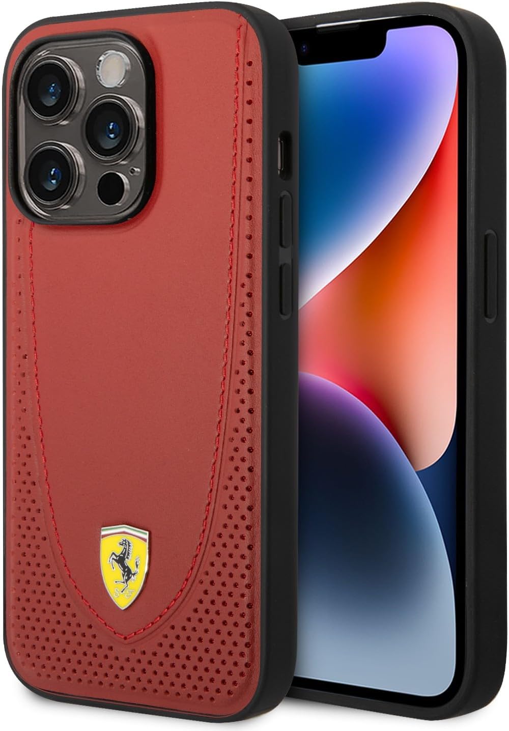 CG MOBILE Ferrari Compatible with Magsafe Genuine Leather Hard Case Curved Line Stitched and Perforated Leather, Bumper Protection, Accurate Cutouts, iPhone 14 Pro (Red)