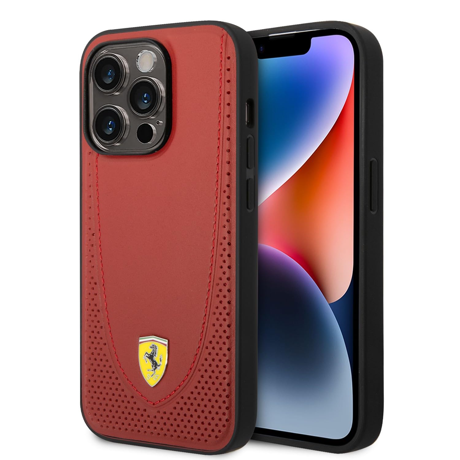 CG MOBILE Ferrari Compatible with Magsafe Genuine Leather Hard Case Curved Line Stitched and Perforated Leather, Bumper Protection, Accurate Cutouts, iPhone 14 Pro (Red)