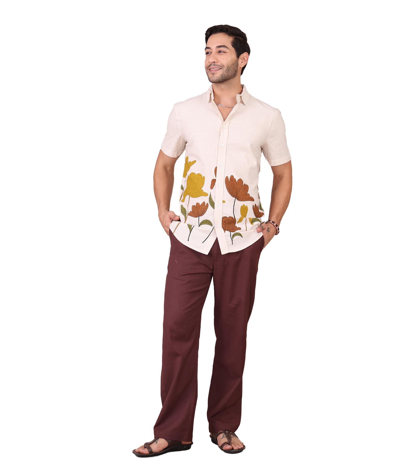 amanush Men's Floral Printed Pure Cotton Co-Ord Set For Men|2 Piece Sets|Trouser & Shirts Combo|Half Sleeves|Vacation Dress|Casual|Latest|New (Off White)-picture-13