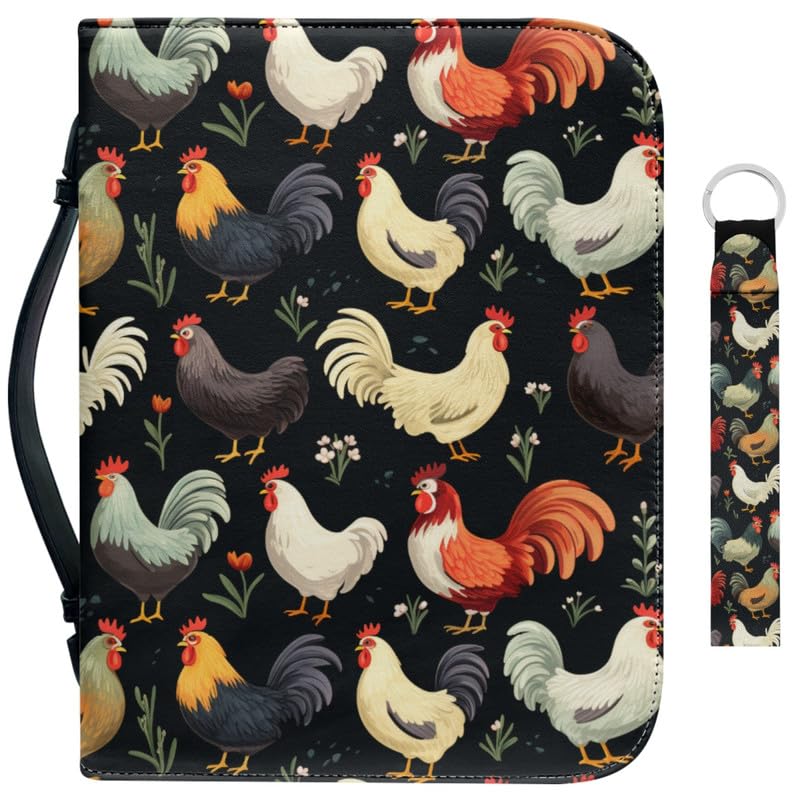 Garronmavis Flower Roosters Bible Case for Girls Artistic Rooster Bible Bag Chicken Painting Bible Case with Pocket Handle Keychain - XL — image 1