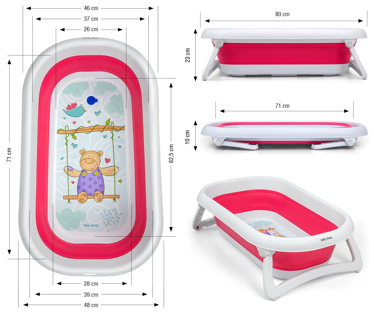 Milly Mally Aqua Baignoire Pliable pour Bébé Bassin de Douche Portable avec Détection de Température et Pieds Antidérapants Rose