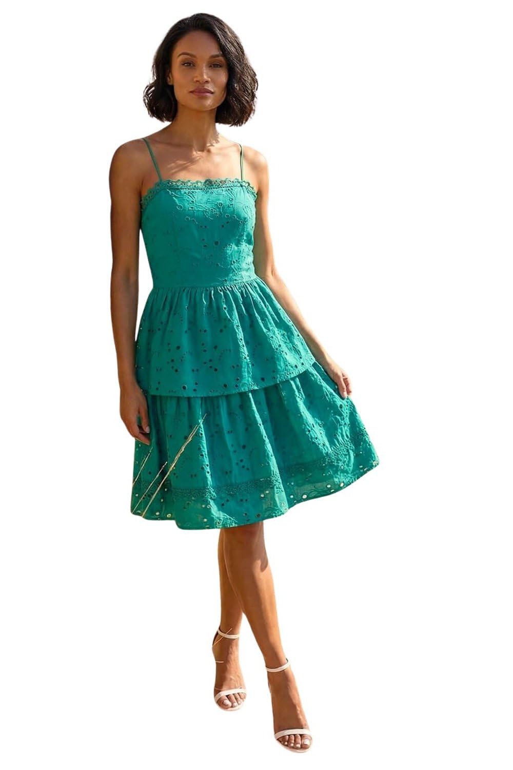 Dusk Fashion Tiered Broderie Dress for Women UK - Ladies Everyday Holiday Spring Summer Square Neckline Comfy Soft Evening Vacation Work Party - Teal - Size 12