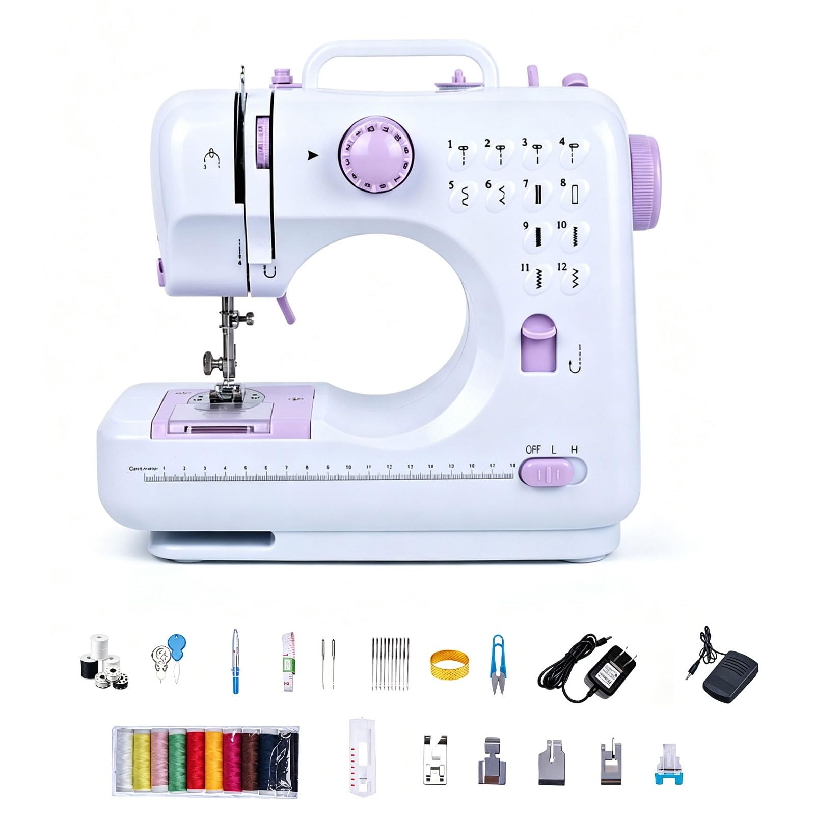 Pequeña máquina de Coser eléctrica con Fuente de alimentación Dual, luz LED | Máquina de coser portátil for principiantes, 12 patrones de puntadas, pedal, cajón de almacenamiento y kit de accesorios(A)