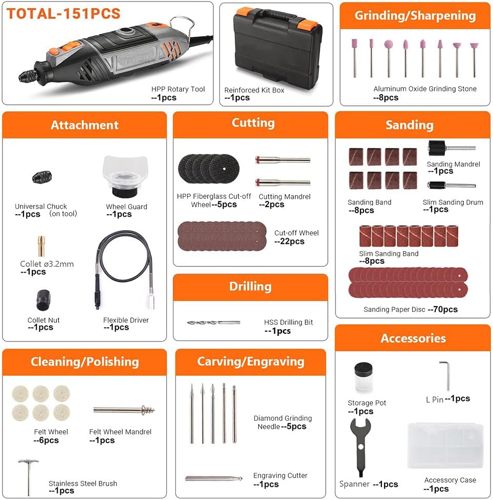 Detailed breakdown of 151 included components for the rotary tool kit