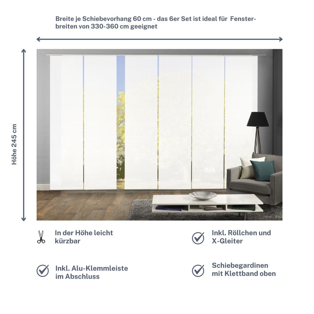 6er Set Flächenvorhänge Deko Blickdicht Roma 6X Uni Weiss