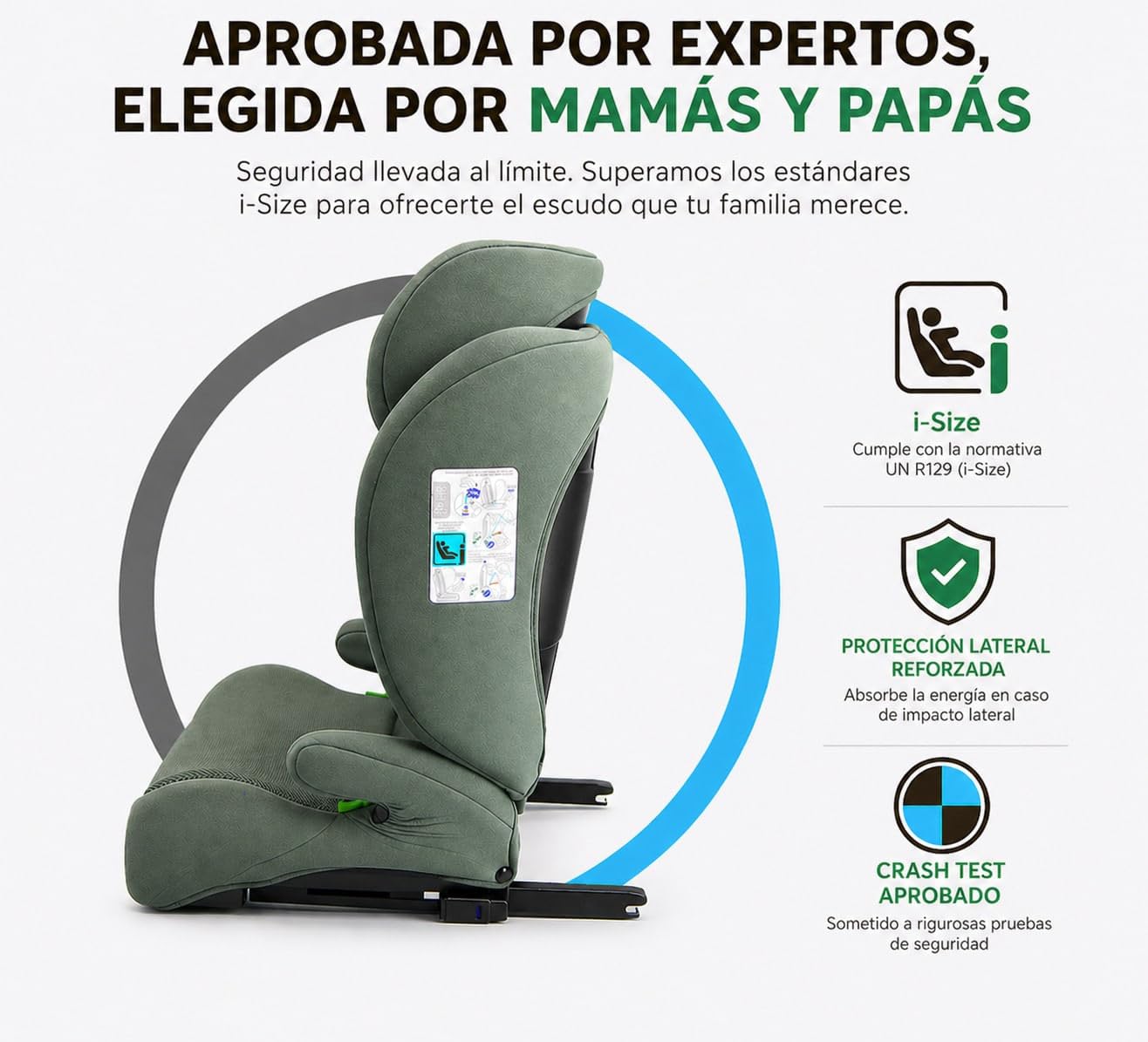 First Step Explorer Fix Silla Coche Niño i-Size (100-150 cm), Grupo 2/3 ISOFIX, Reposacabezas 13 Posiciones, Reclinable, Protección Lateral SPS, De 3,5 a 12 Años, Convertible en Alzador, Verde