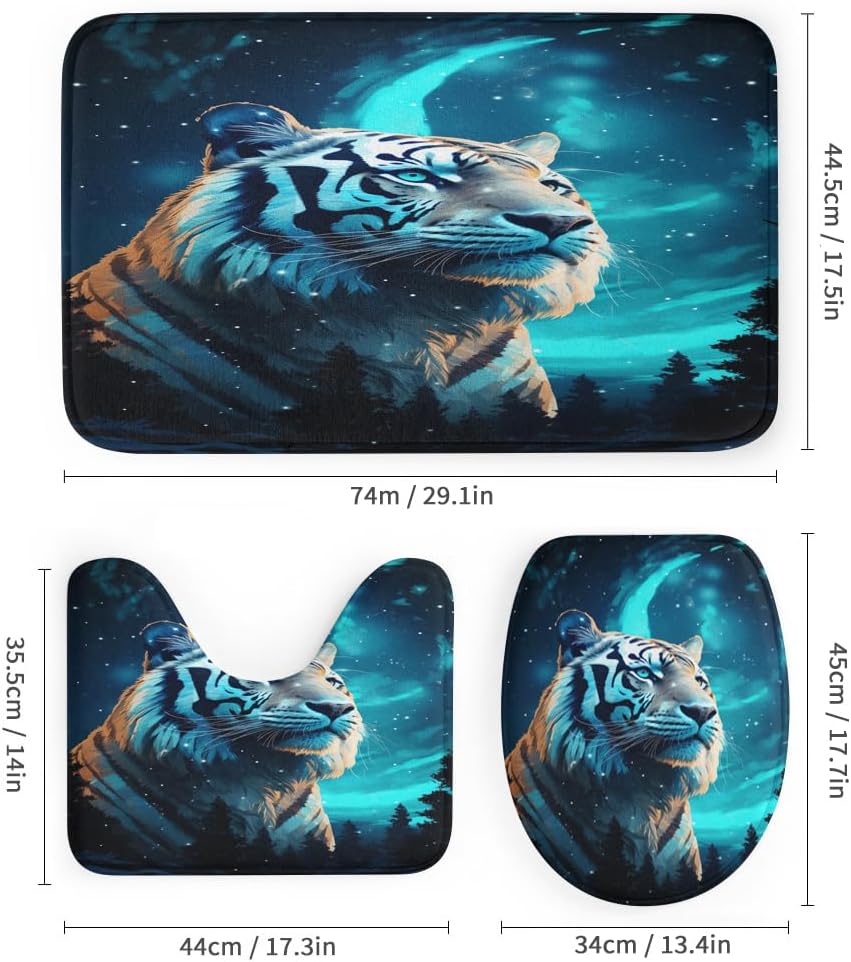 4 Pcs Watercolor Tiger Shower Curtain Bathroom Set with Rugs, Fantasy Wildlife Animals Shower Curtain with 12 Hooks, Toilet Lid Cover and Bath Mat for Bathroom Decor Set