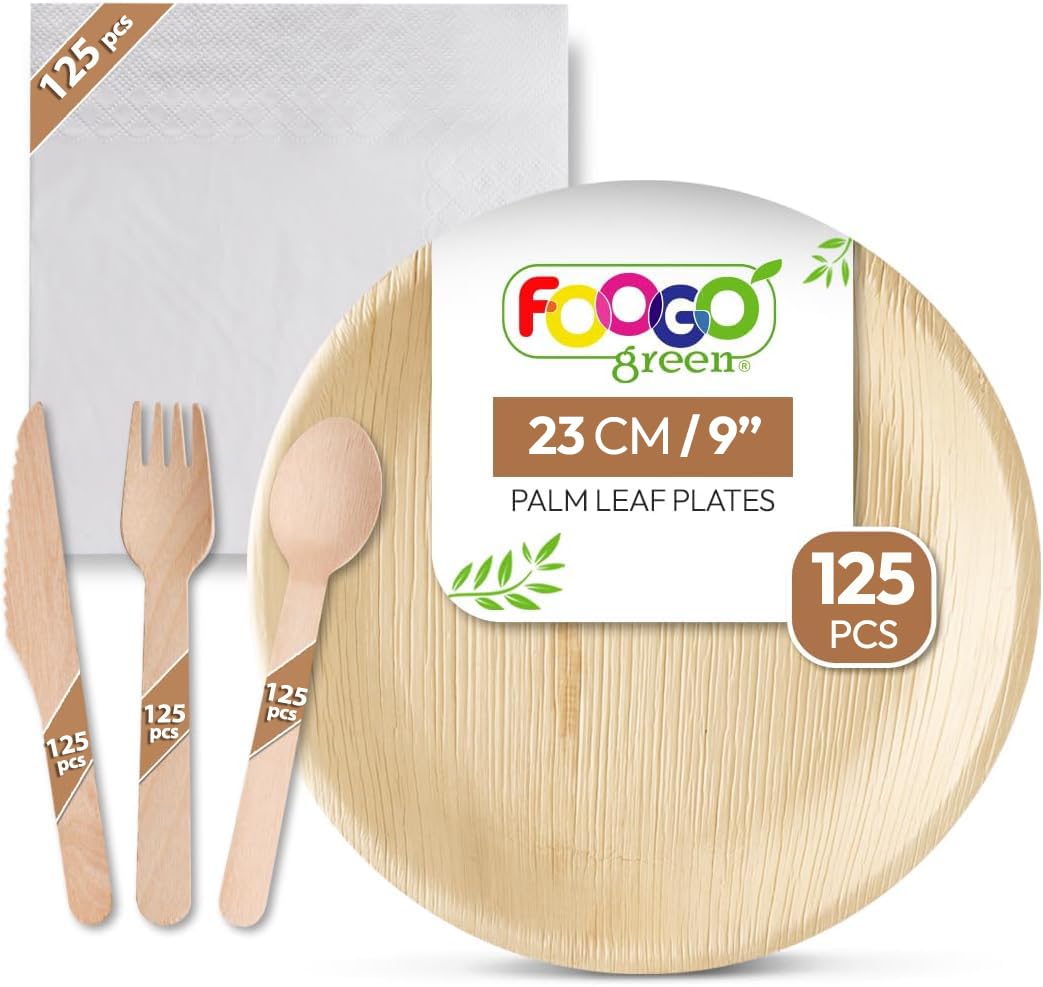 FOOGO Green 625 Disposable Palm Leaf Plates set, Wooden Cutlery Set and White Napkins, FSC Certified, Large Round Plates, Forks, Knives, Spoons, Eco Friendly