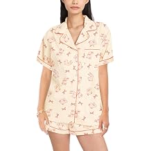 Women Bunny Easter Pajama Set Short Sleeve Button Down Shirt and Shorts 2 Piece Easter Day Outfit