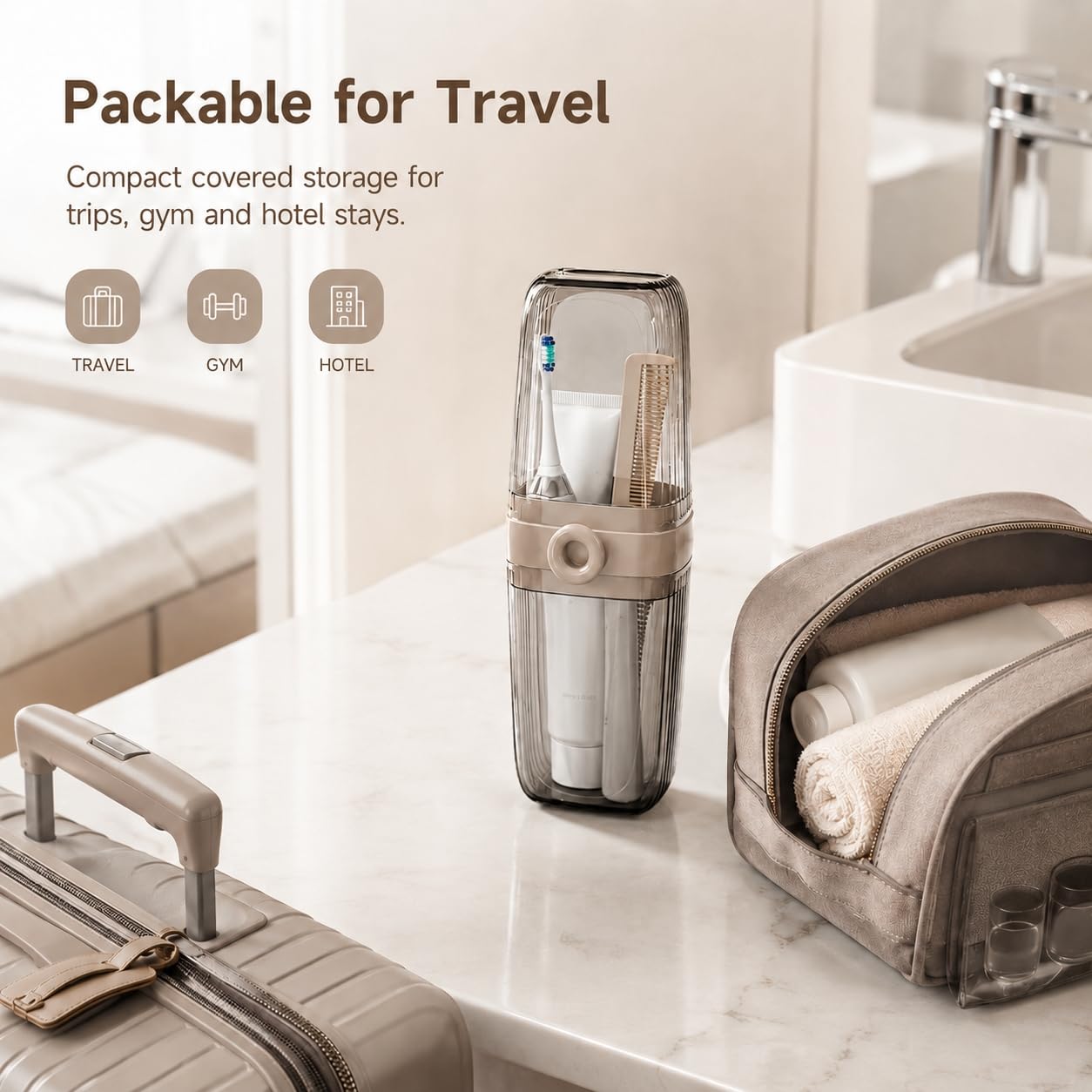 Estuche de viaje para cepillo de dientes, soporte para cepillo de dientes 2 en 1 y taza de enjuague, taza de cepillo de dientes de gran capacidad con tapa, soporte portátil para cepillo de
