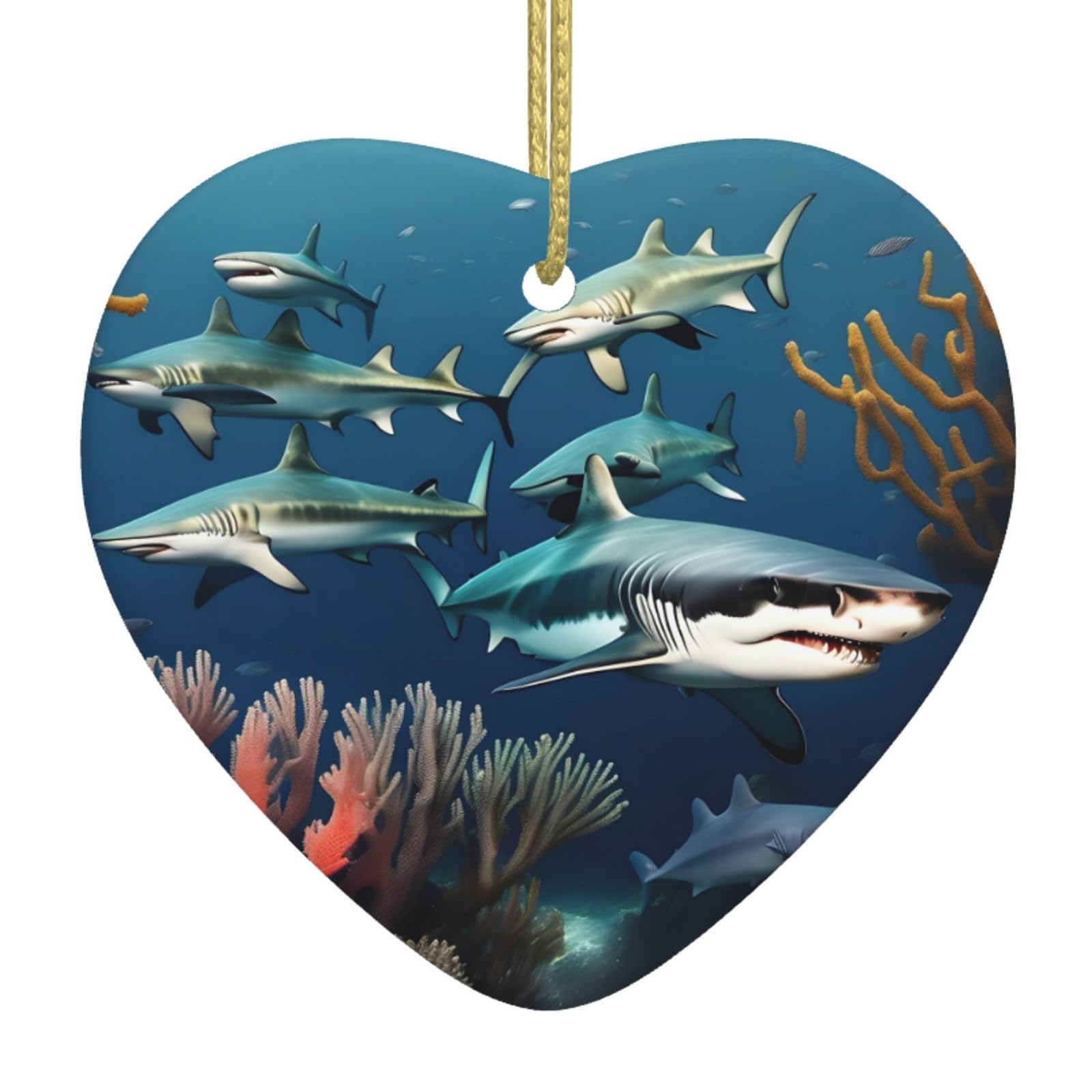 Sharks Under The sea Ceramic Christmas Heart Pendant with Silk Thread, Christmas Tree Home Decoration
