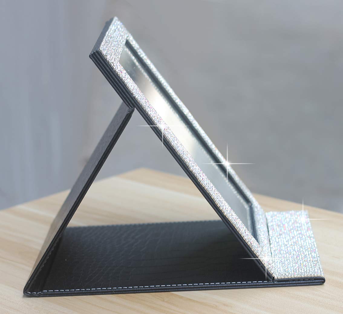 Bling - Specchio portatile pieghevole da viaggio con supporto da scrivania, per cosmetici, bellezza (nero)