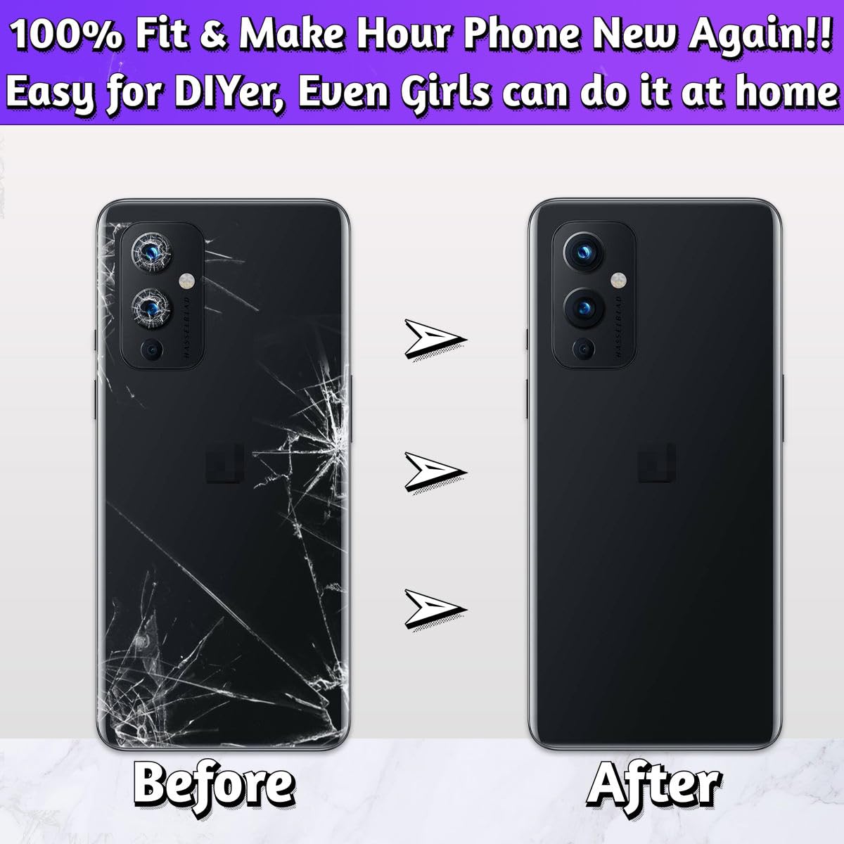 LUVSS Back Glass Cover Replacement Compitable for OnePlus 9 Rear Cover + Camera Lens + Repair Manual DIY Tools Kit (Black) - Image 3