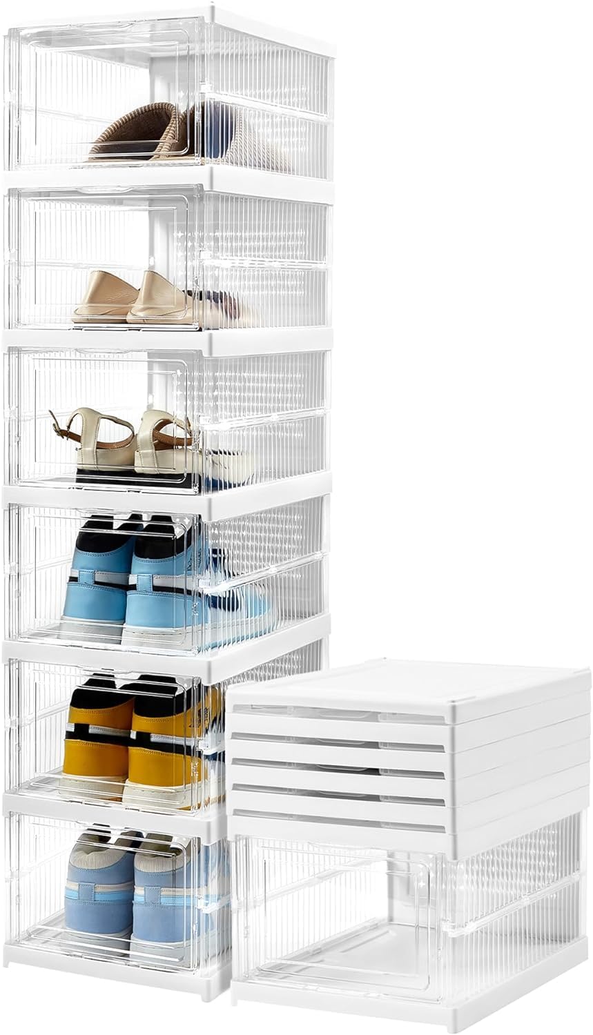 Shoe Organizer Box 6-Tier Foldable Shoe Rack,All-in-One Clear Sneaker Box with Doors, No Assembly Stackable Shoe Organizer Storage Bins wit, Universal Shoe Storage Boxes for Men and Women
