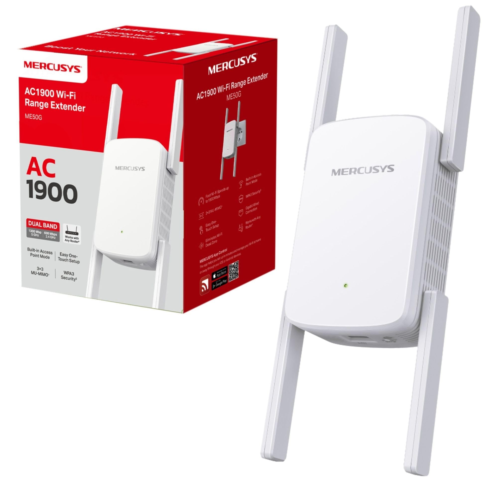 MERCUSYS ME50G AC1900Mbps WiFi Extender Booster, amplificateur Internet, port Ethernet, EasyMesh, antennes à gain élevé, point d'accès, répéteur, extension TP-Link, contrôle par application