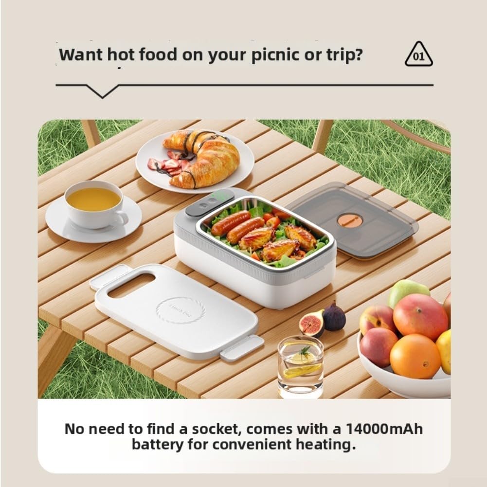 Fiambrera eléctrica inalámbrica de 14.000 mAh, 1 L, para adultos, con 8 temporizadores y 4 temp, carga rápida tipo C, recipiente de acero inoxidable a prueba de fugas, para oficina, viajes, camiones