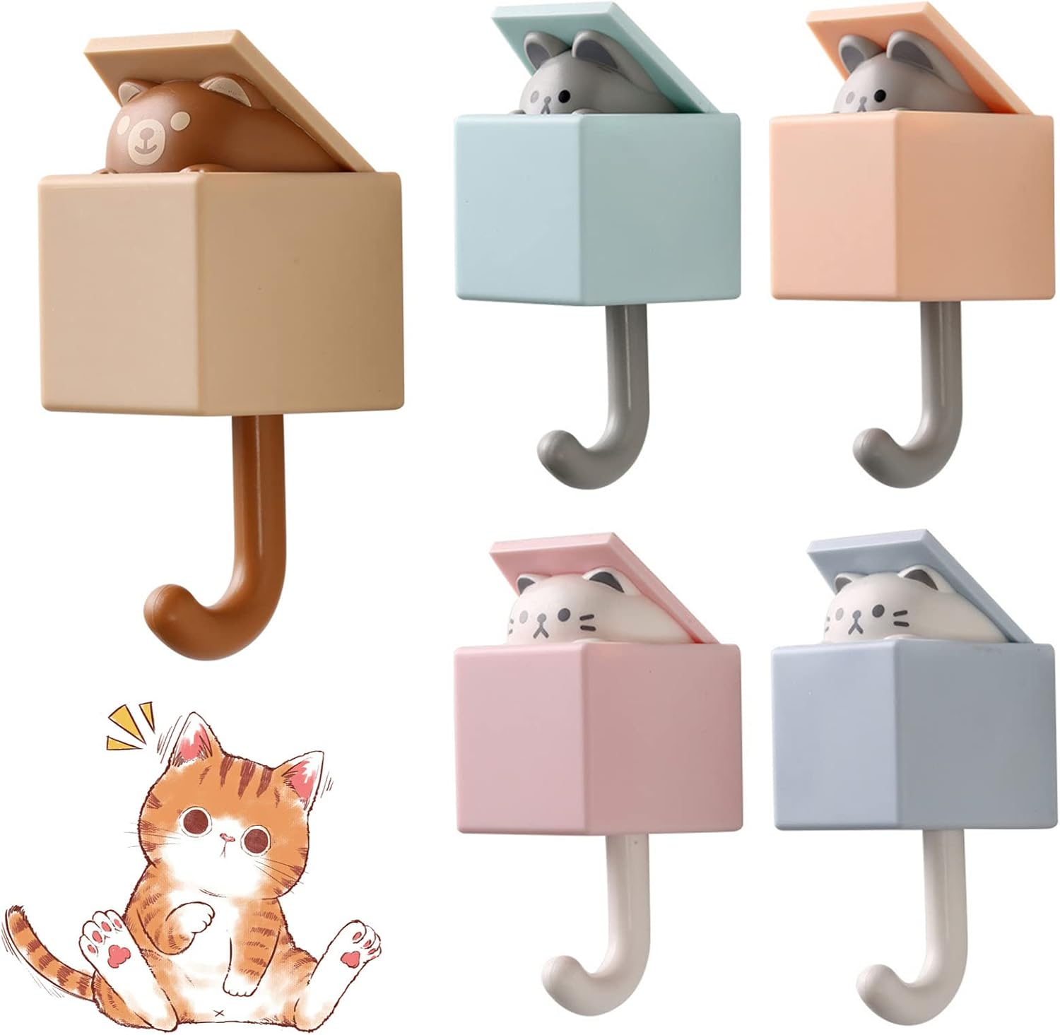 5Pcs Cute Cat Key Hook, Kawaii Cartoon Coat Hooks for Wall Utility