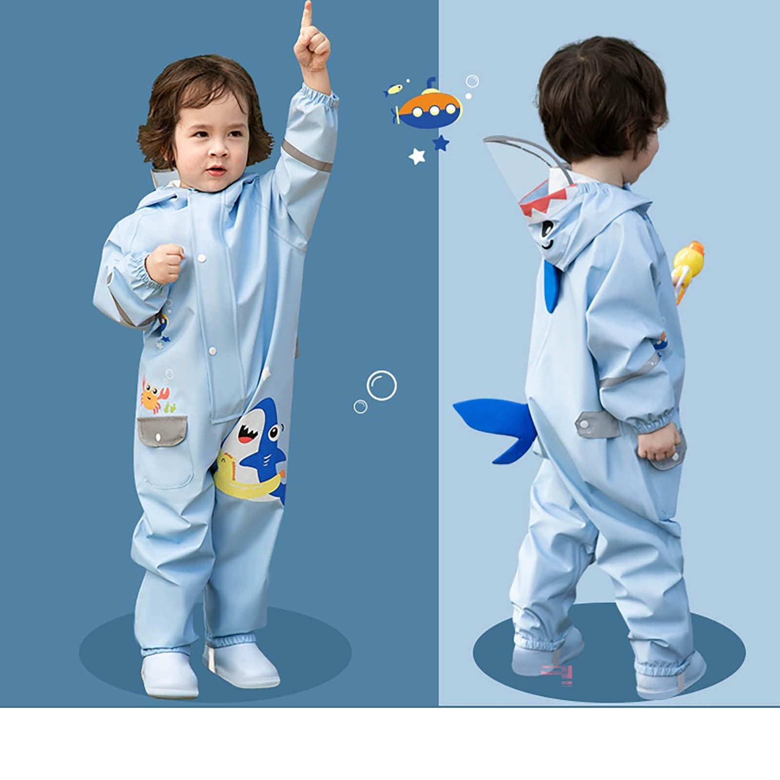 Tuta antipioggia per bambini con pantaloni impermeabili, protezione completa del corpo, con cappuccio riflettente di sicurezza per 1-8 anni