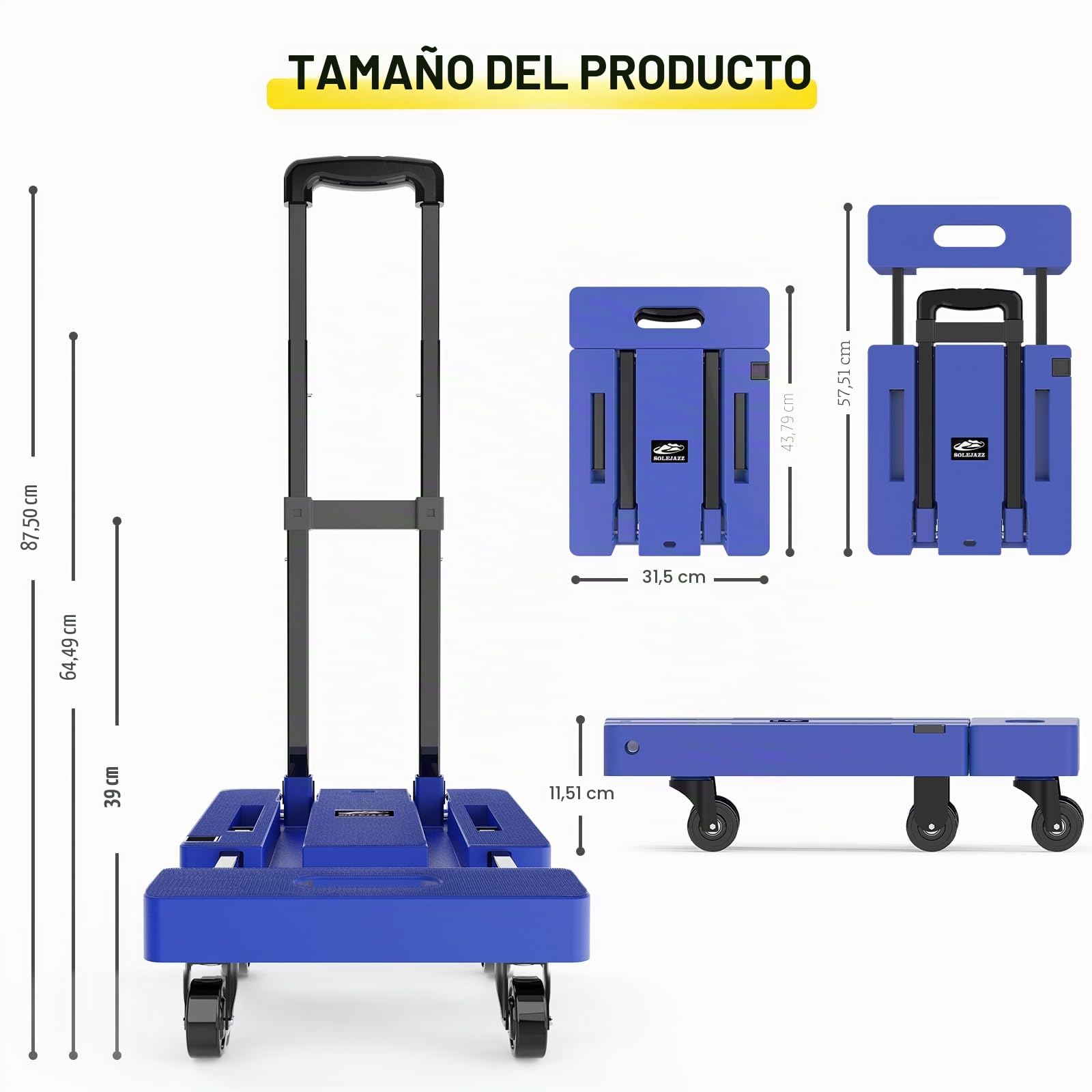 SOLEJAZZ Carro Plegable portátil, camión de Mano Plegable para moverse, Carrito de Equipaje de 500 Libras con 6 Ruedas y 2 Cuerdas elásticas para Equipaje, Viajes, mudanza, Uso de Oficina, Azul