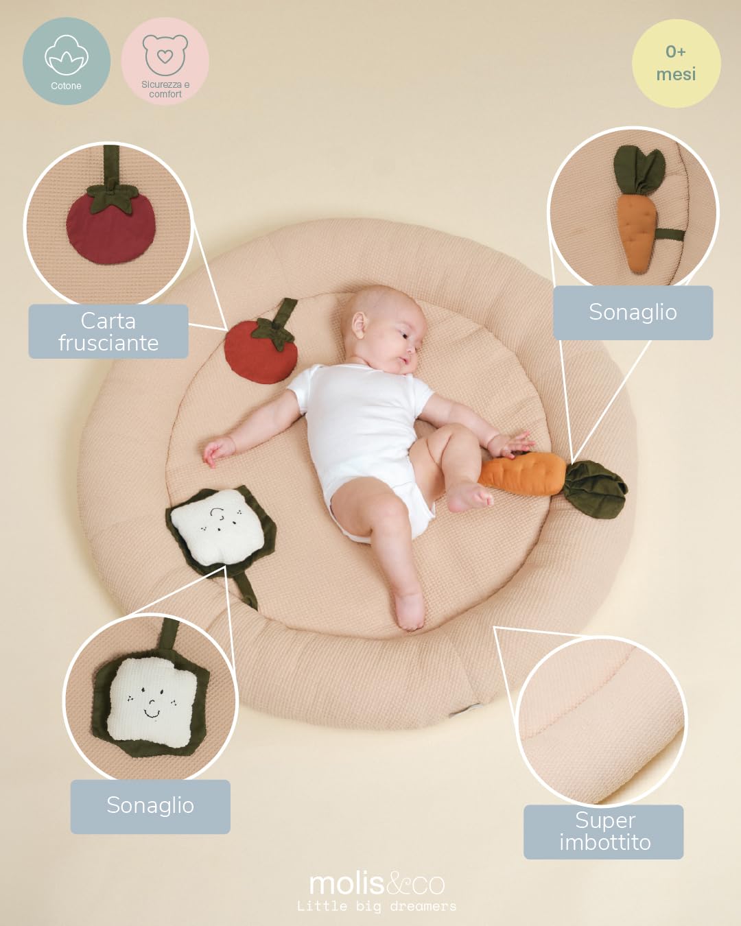 molis&co - Tappetino sensoriale per bambini, rotondo, 90 cm, con trame, suoni e giocattoli interattivi, imbottito, pieghevole, con borsa, Oeko-Tex 100 (Sand)