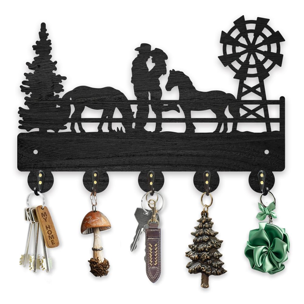 MAYJOYDIY Wood Cowboy Horse Farm Coat Hooks Farmhouse Cowgirl Windmill Key Holder Wall Art Decor Gift Black Key Rack Organizer 5 Alloy Hooks for Bedroom Kitchen Entryway