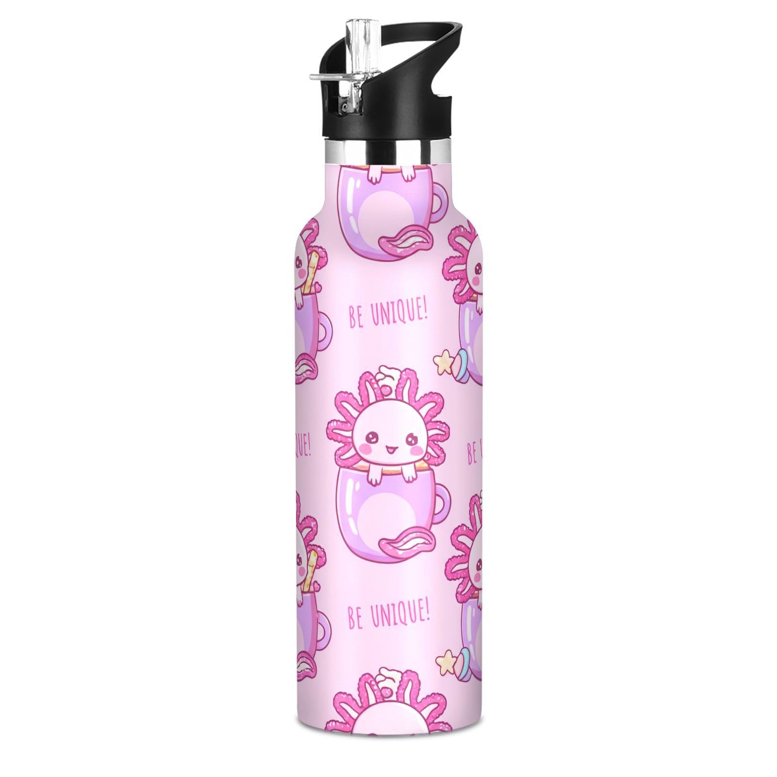 Kids Water Bottle with Straw 20 Oz Water Bottle Insulated for Boys Girls, BPA-Free, Cute Pastel Axolotls