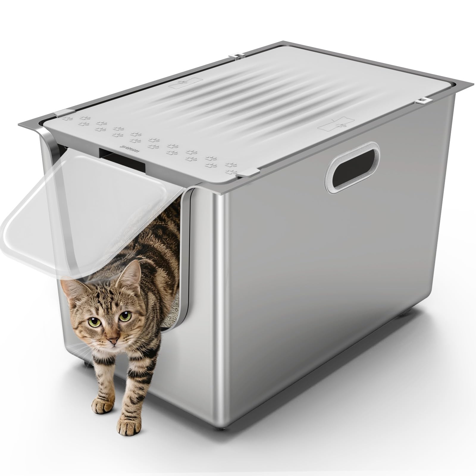 Stainless Steel Litter Box with Lid, Cat Litter Box with Door 14.5'' High Sides, XL Metal Kitty Litter Pan, Pet Toilet with Wheels for Easy Mobility, Anti-Leakage, Non-Sticky, Easy Clean