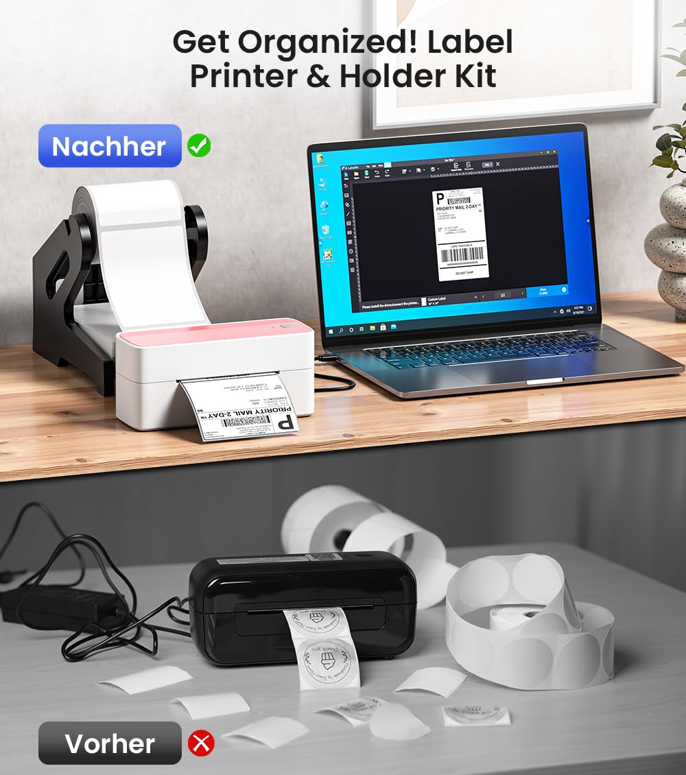 Phomemo Bluetooth Etikettendrucker 4x6 mit Etikettenhalter & 1000 Versandetiketten Bundle, Thermodrucker für DHL, Amazon, Etsy, Kabelloser Label Printer Kompatibel mit iOS, Android & PC